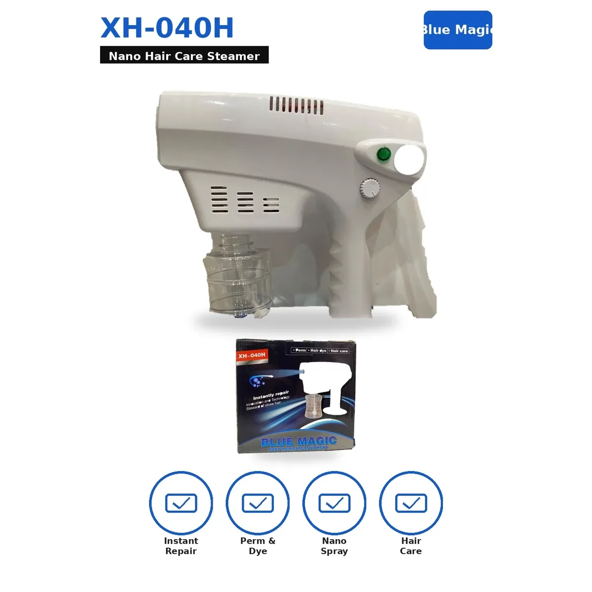 Blue Magic XH-040H Nano Hair Care Steamer – Nano Ionic Spray Gun for Perm, Hair Dye & Hair Repair