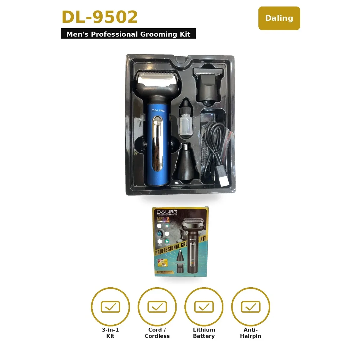 Daling DL-9502 Men's Professional Grooming Kit – 3-in-1 Cord/Cordless Shaver with Lithium Battery
