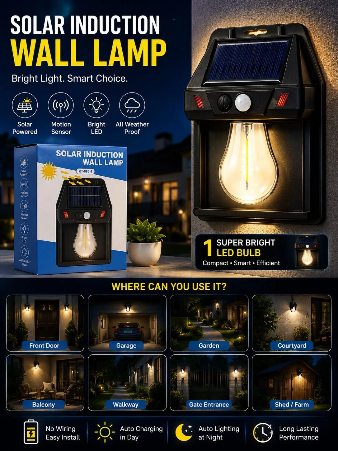 AWZ Solar Induction Wall Lamp – Single LED Bulb Motion Sensor Outdoor Light