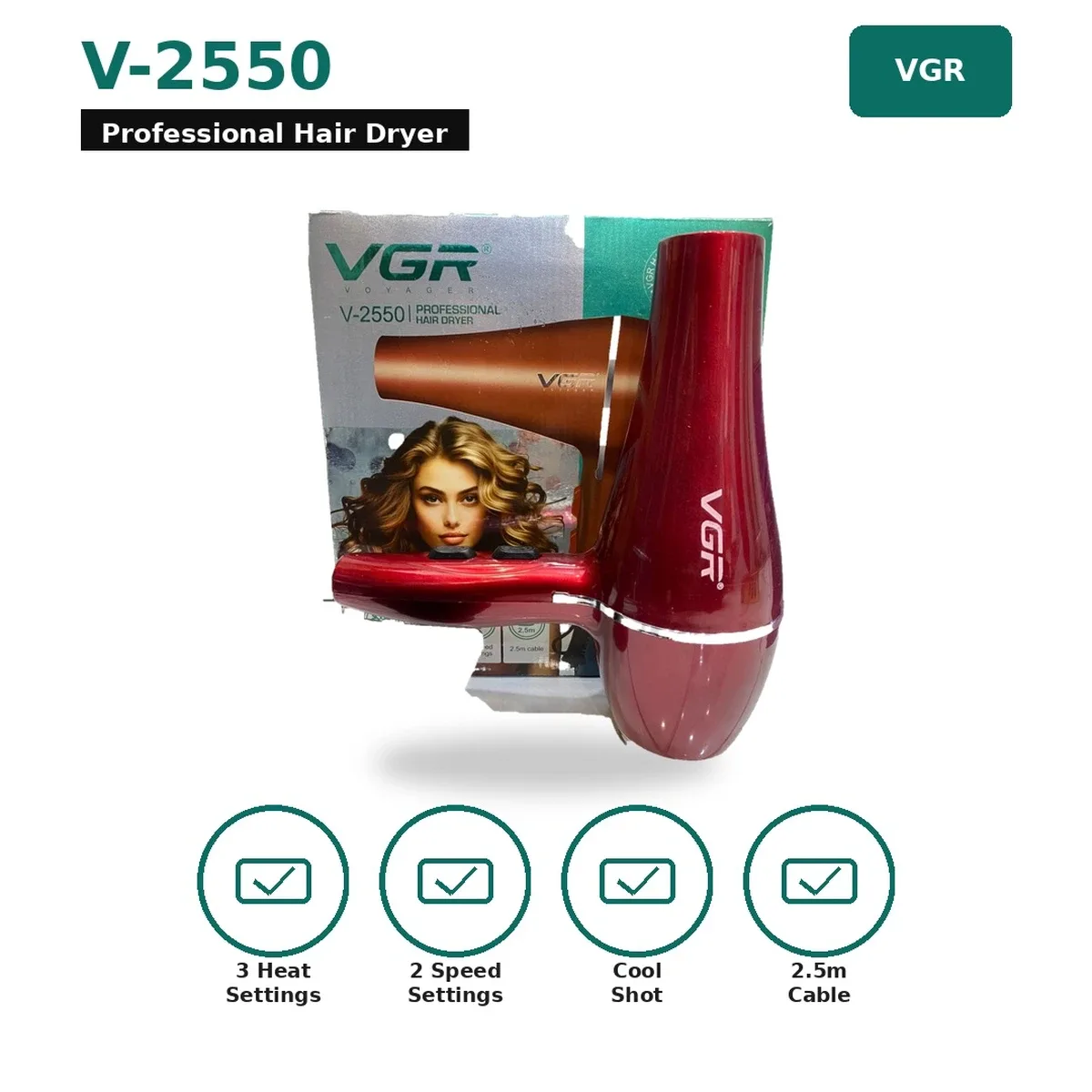 VGR V-2550 Professional Hair Dryer – 5000W BLDC Motor with 3 Heat & 2 Speed Settings